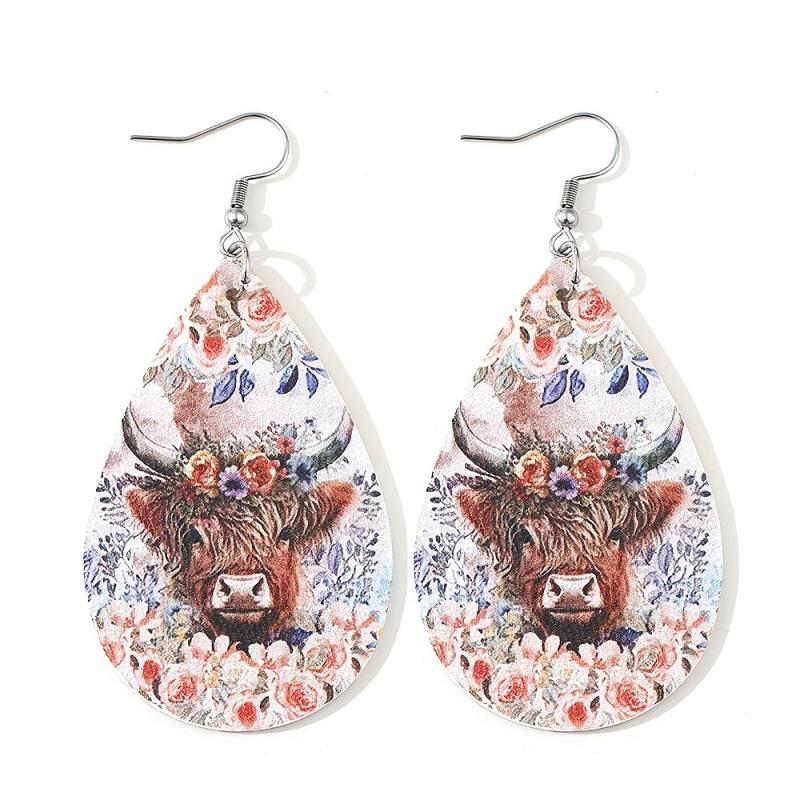 Highland Cow Leopard Earrings Psychedelic Mushroom Print Water Drop Dangle Earri