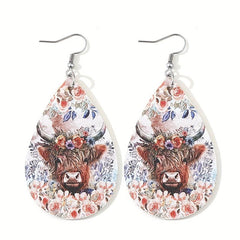 Highland Cow Leopard Earrings Psychedelic Mushroom Print Water Drop Dangle Earri