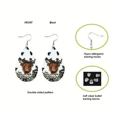 Highland Cow Leopard Earrings Psychedelic Mushroom Print Water Drop Dangle Earri