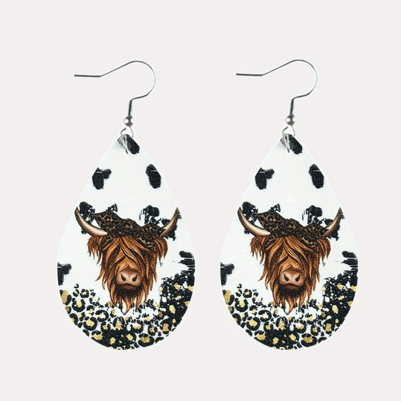 Highland Cow Leopard Earrings Psychedelic Mushroom Print Water Drop Dangle Earri