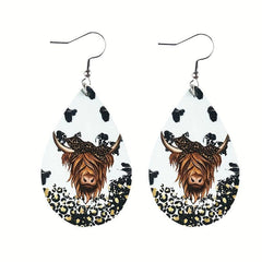 Highland Cow Leopard Earrings Psychedelic Mushroom Print Water Drop Dangle Earri