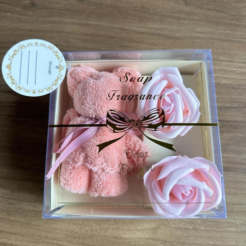 Soap Flower Towel Set with Scented Roses and Bear Towel