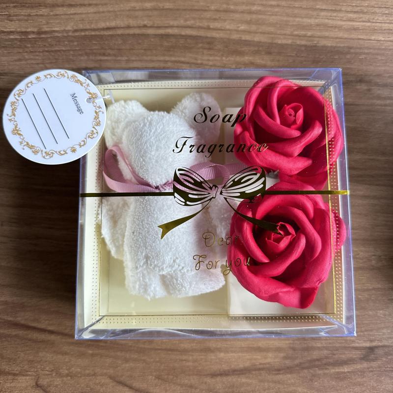 Soap Flower Towel Set with Scented Roses and Bear Towel