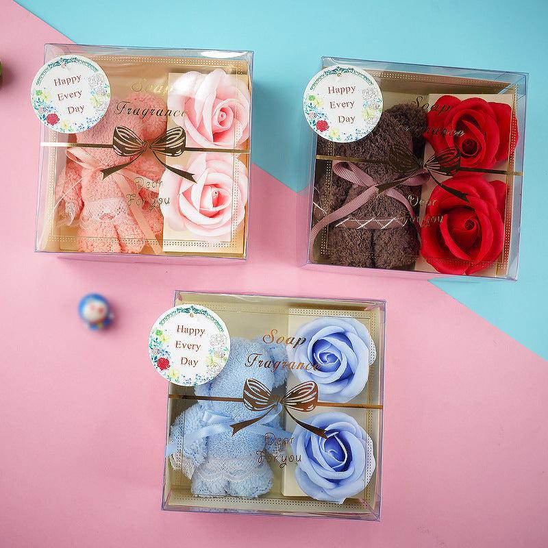 Soap Flower Towel Set with Scented Roses and Bear Towel