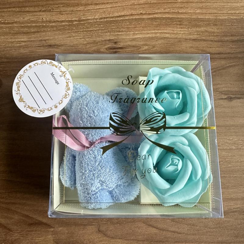 Soap Flower Towel Set with Scented Roses and Bear Towel