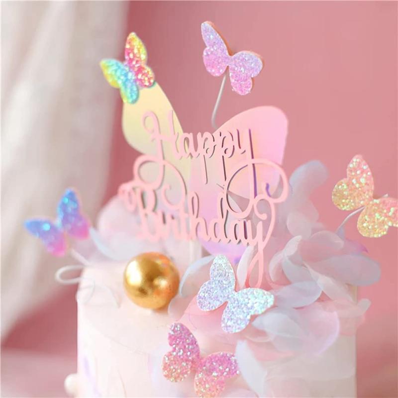 12pcs Gradient Butterfly Cake Toppers Rose Confetti Balloon Cake Supplies