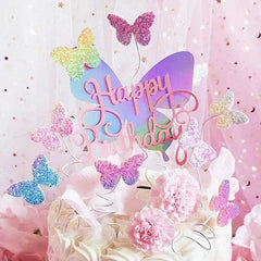 12pcs Gradient Butterfly Cake Toppers Rose Confetti Balloon Cake Supplies
