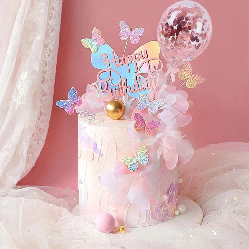 12pcs Gradient Butterfly Cake Toppers Rose Confetti Balloon Cake Supplies