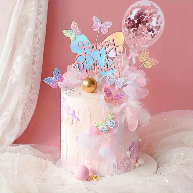 12pcs Gradient Butterfly Cake Toppers Rose Confetti Balloon Cake Supplies