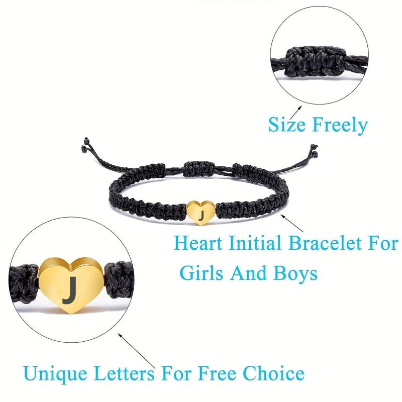 Heart Initial Bracelet Rope Braided Adjustable Jewelry for Women