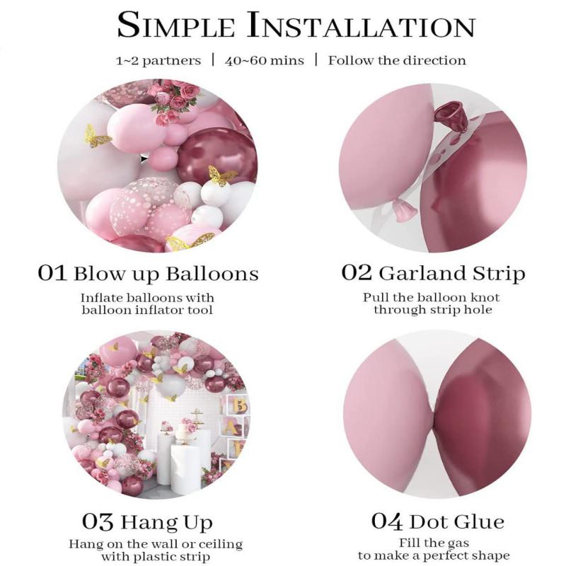129pcs Girls Birthday Party Set Metal Rose Pink Balloons + Butterfly Stickers