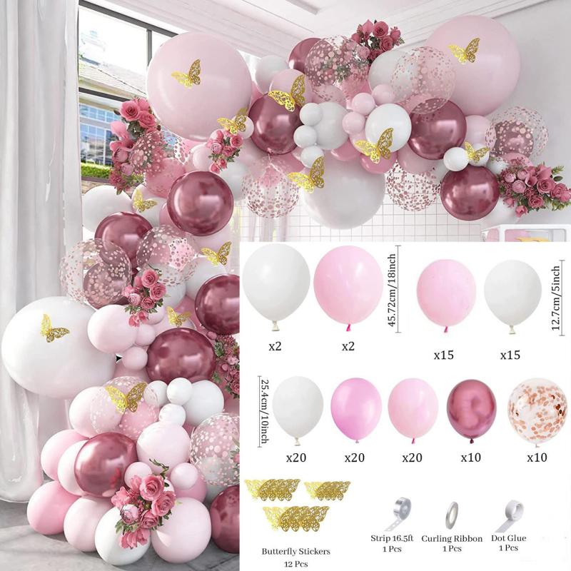 129pcs Girls Birthday Party Set Metal Rose Pink Balloons + Butterfly Stickers