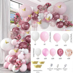 129pcs Girls Birthday Party Set Metal Rose Pink Balloons + Butterfly Stickers