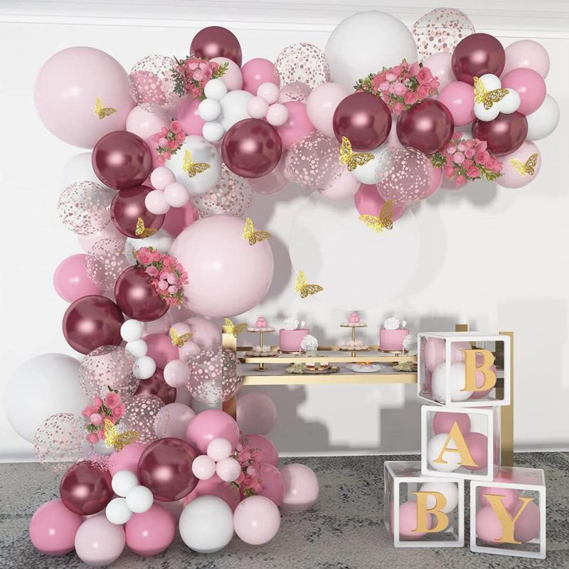 129pcs Girls Birthday Party Set Metal Rose Pink Balloons + Butterfly Stickers