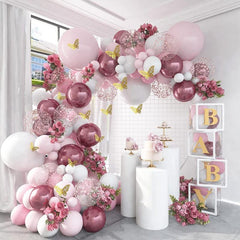 129pcs Girls Birthday Party Set Metal Rose Pink Balloons + Butterfly Stickers