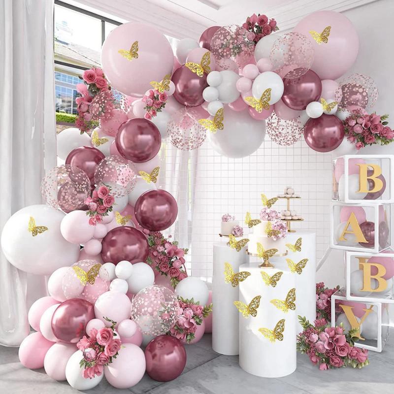 129pcs Girls Birthday Party Set Metal Rose Pink Balloons + Butterfly Stickers