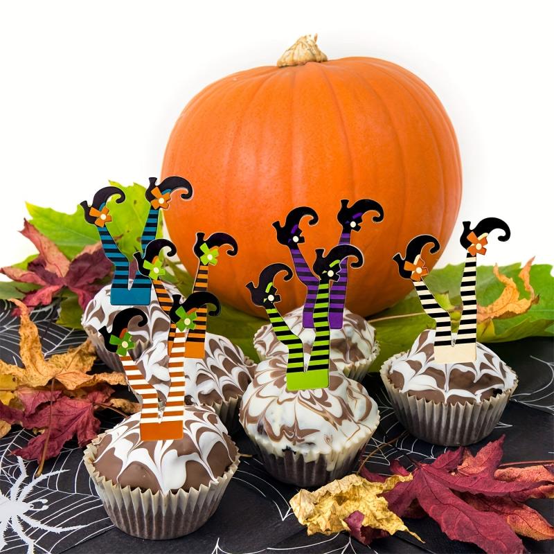 12pcs Halloween Topper Sign Witch Feet Cake Topper