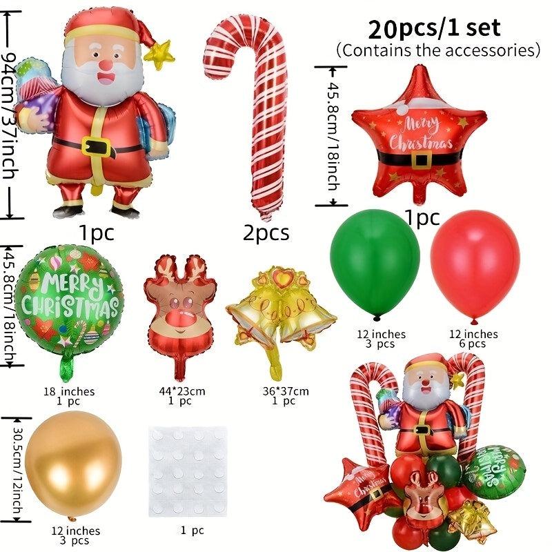 20pcs Christmas Party Balloons with Santa Claus, Walking Sticks, Elk Bells