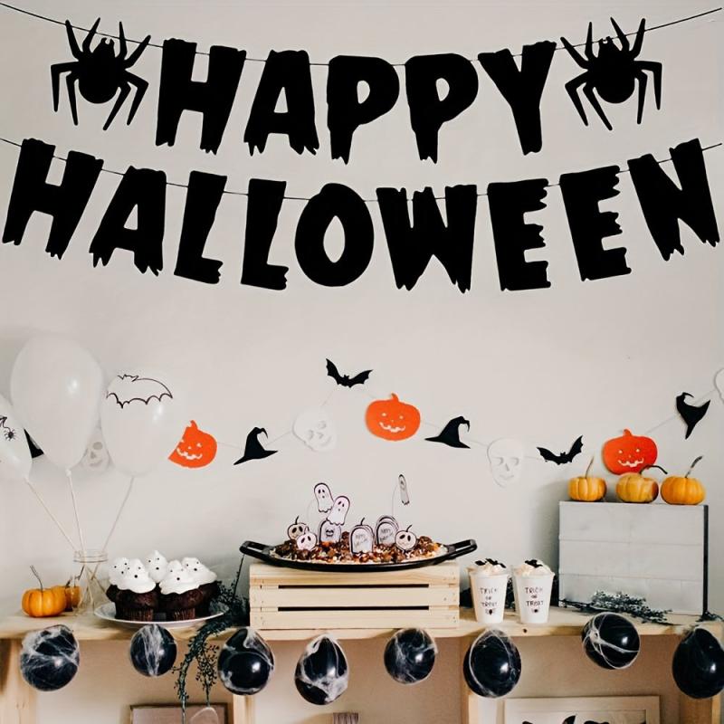 Spooky Halloween Banner with Spider and Flower Decorations