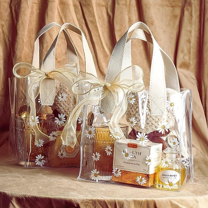 Clear Little Daisy Print Gift Bag 20x18x8in With Ribbon