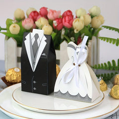 50pcs DIY Bride and Groom Paper Boxes with Ribbon for Chocolate Packaging