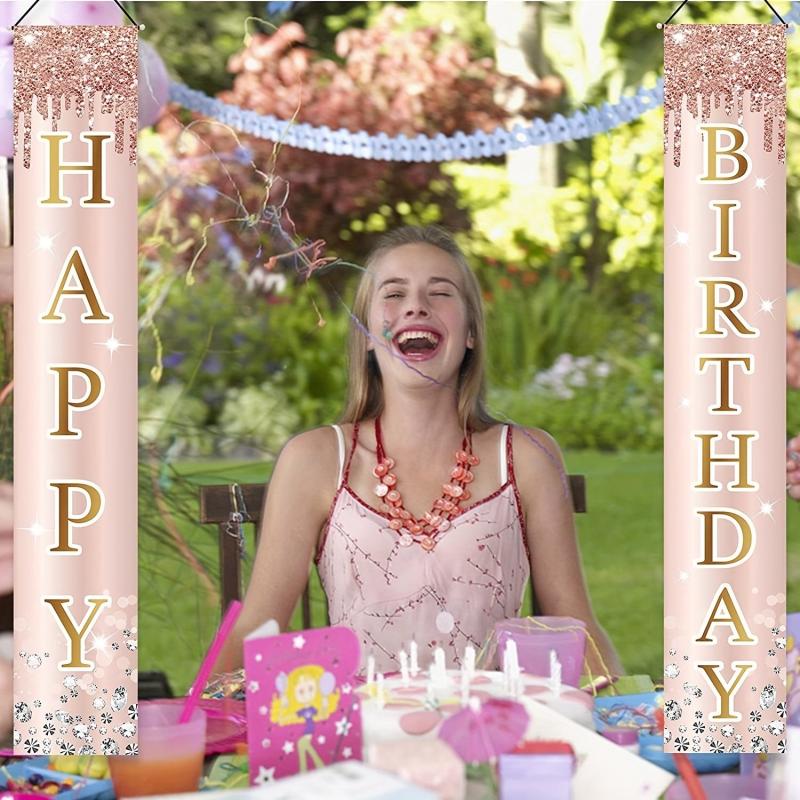 Sweet Pink Rose Happy Birthday Door Banner for Women Girls Special Occasions