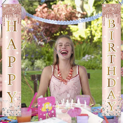 Sweet Pink Rose Happy Birthday Door Banner for Women Girls Special Occasions
