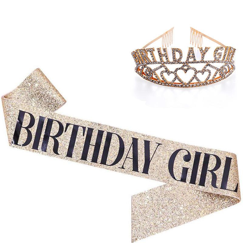 Glitter Sash & Crystal Crown Set for Girls - Birthday & Anniversary Parties