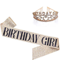 Glitter Sash & Crystal Crown Set for Girls - Birthday & Anniversary Parties