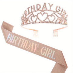 Glitter Sash & Crystal Crown Set for Girls - Birthday & Anniversary Parties