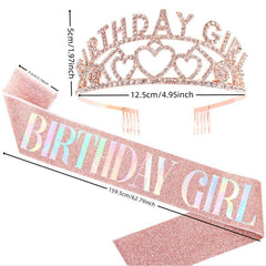 Glitter Sash & Crystal Crown Set for Girls - Birthday & Anniversary Parties