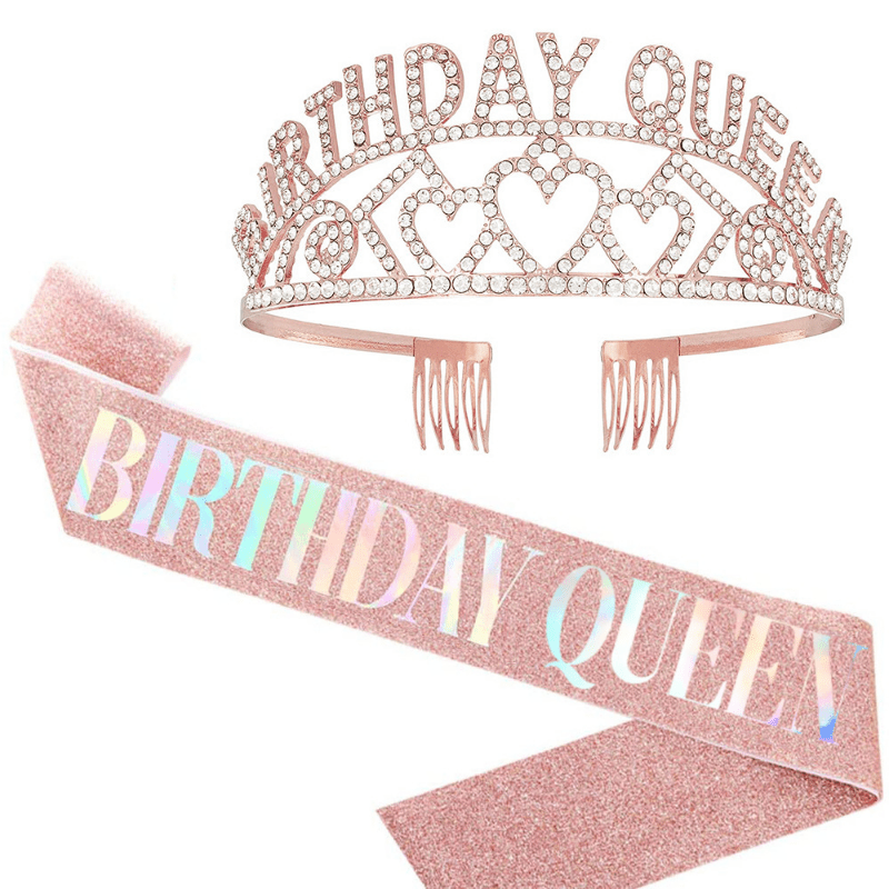 Glitter Sash & Crystal Crown Set for Girls - Birthday & Anniversary Parties