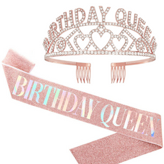 Glitter Sash & Crystal Crown Set for Girls - Birthday & Anniversary Parties
