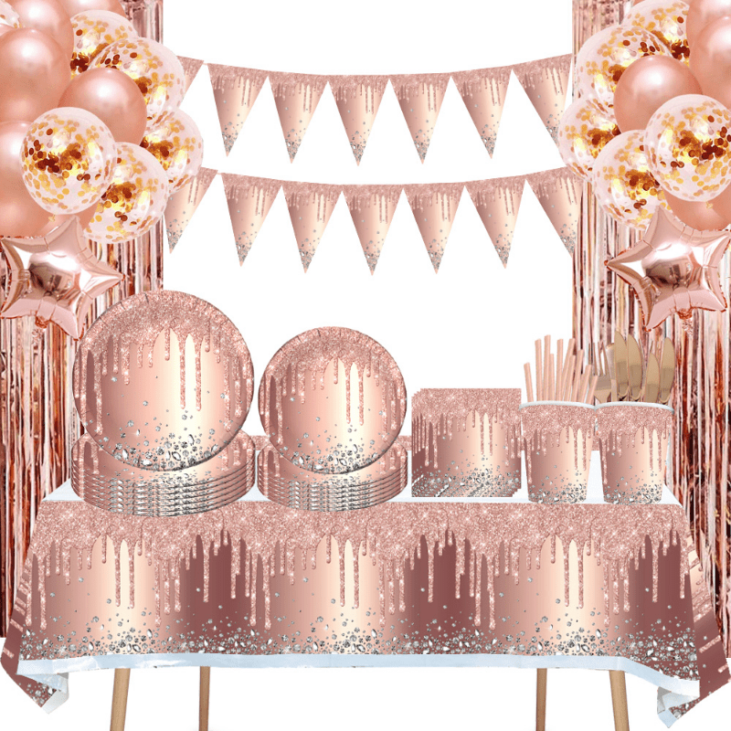 Pink Rose Golden Party Decorations Disposable Tableware Set
