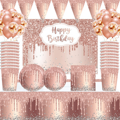 Pink Rose Golden Party Decorations Disposable Tableware Set