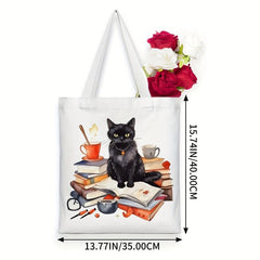 Cat Reading Pattern Canvas Tote Bag, Women's Portable Shoulder Bag