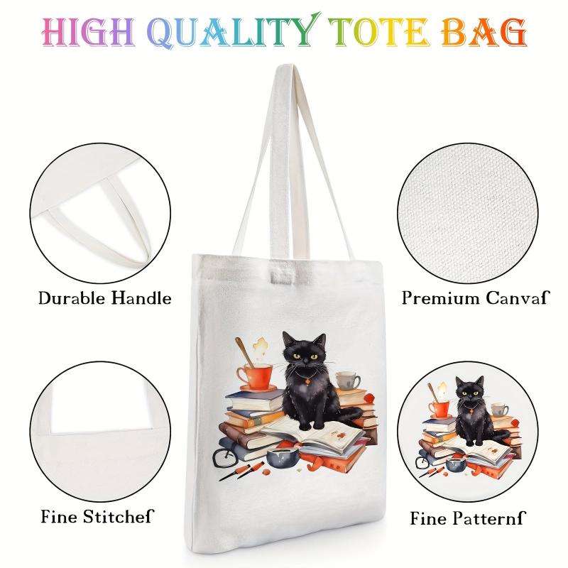 Cat Reading Pattern Canvas Tote Bag, Women's Portable Shoulder Bag