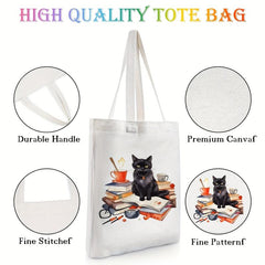 Cat Reading Pattern Canvas Tote Bag, Women's Portable Shoulder Bag