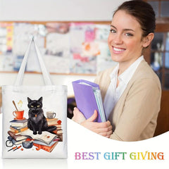 Cat Reading Pattern Canvas Tote Bag, Women's Portable Shoulder Bag