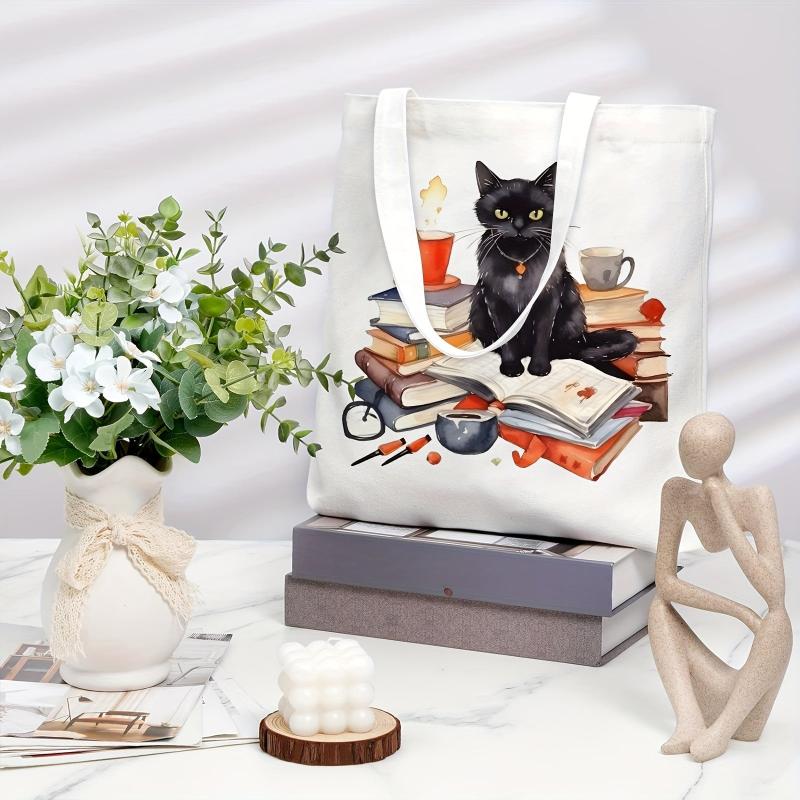 Cat Reading Pattern Canvas Tote Bag, Women's Portable Shoulder Bag