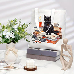 Cat Reading Pattern Canvas Tote Bag, Women's Portable Shoulder Bag
