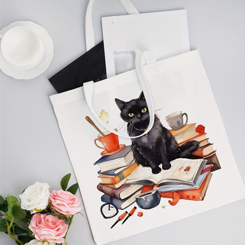 Cat Reading Pattern Canvas Tote Bag, Women's Portable Shoulder Bag