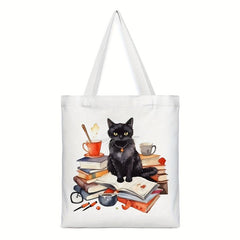 Cat Reading Pattern Canvas Tote Bag, Women's Portable Shoulder Bag