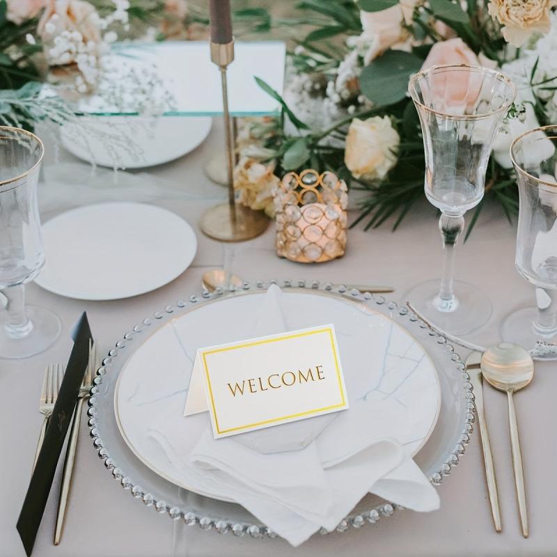 50 Small Place Cards with Golden Foil Border for Table Arrangement