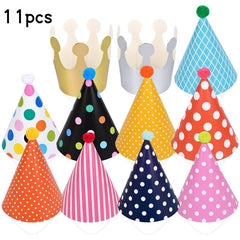 11pcs Cone Party Hats Pom Poms Paper Party Hats Cake Birthday Party Decor