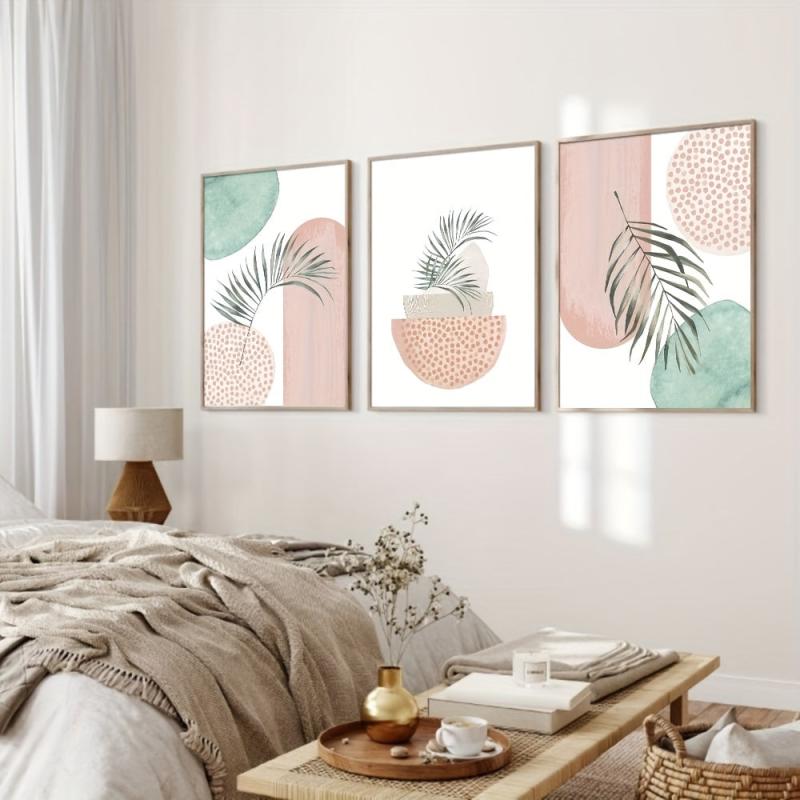 3pcs Boho Style Mid Century Art Painting Palm Leaf Geometry Canvas Poster