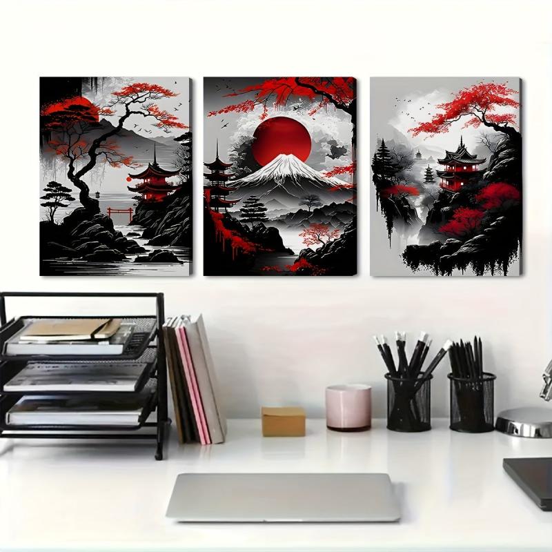 3pcs Japanese Landscape Painting Red Poster Ink Art Prints for Home Deco