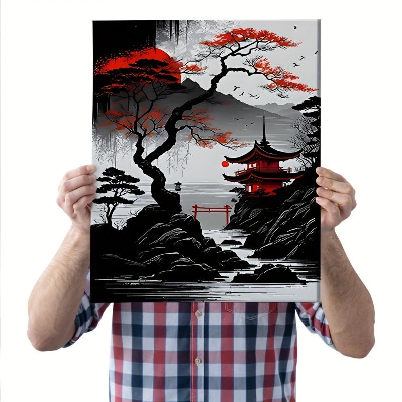 3pcs Japanese Landscape Painting Red Poster Ink Art Prints for Home Deco