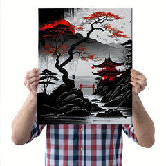3pcs Japanese Landscape Painting Red Poster Ink Art Prints for Home Deco
