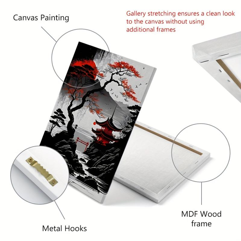 3pcs Japanese Landscape Painting Red Poster Ink Art Prints for Home Deco